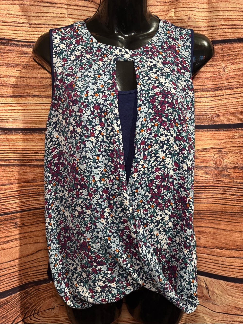 41 Hawthorn Navy Floral Twist-Front Sleeveless Camisole with Burgundy Accents